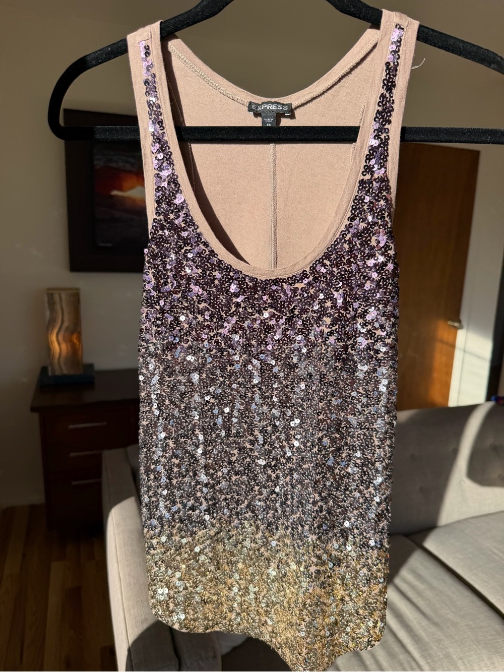 Express Sequin Ombre Tank Top - Plum, Champagne, Gold Size XS